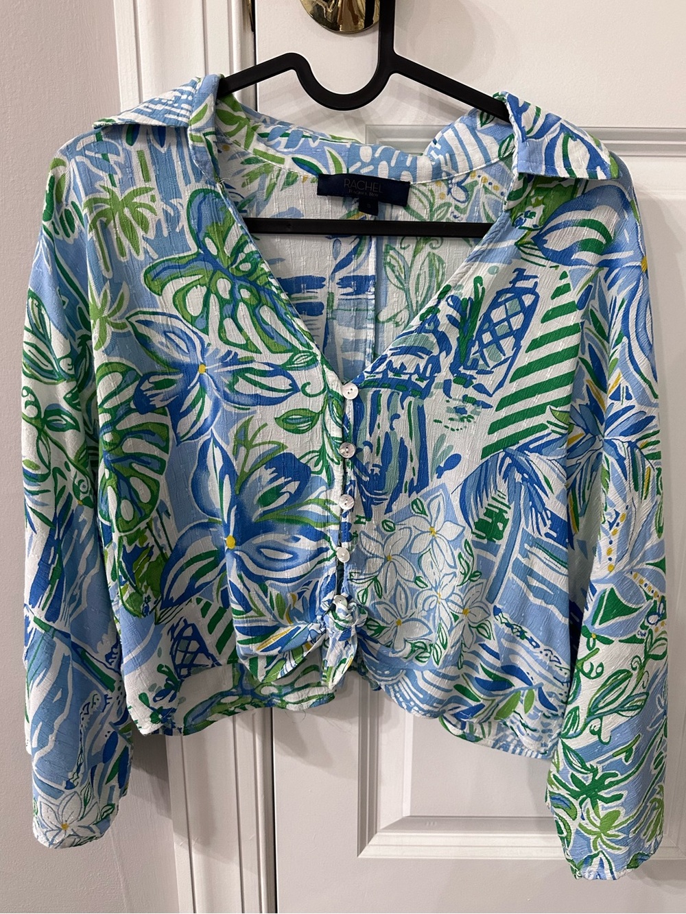 RACHEL Rachel Roy Blue & Green Floral Button-Front Crop Jacket